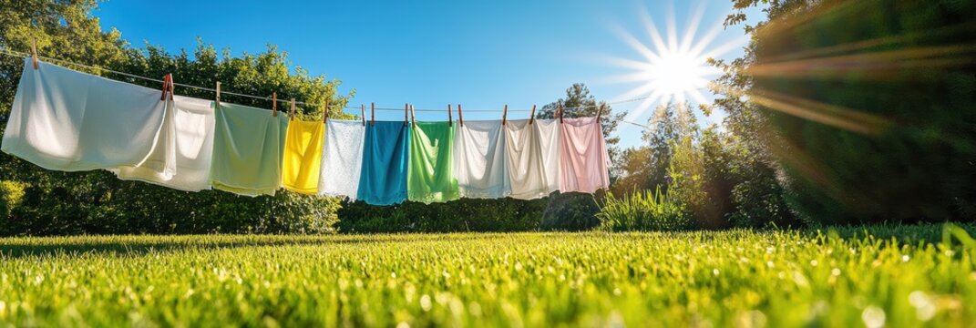 Clothes of various colors and white sheets sway gently on a clothesline under the warm sun in a vibrant garden atmosphere. Generative AI