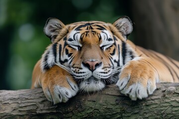 Fototapeta premium Close-up of a tiger relaxing in its zoo habitat, natural surroundings, stock photo style