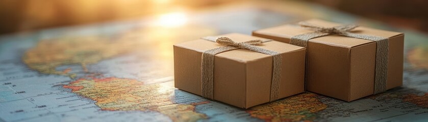 Naklejka premium Two neatly wrapped brown gift boxes are placed on a colorful map, creating a warm travel-themed aesthetic, This image is ideal for e-commerce, logistics, or travel-related content,