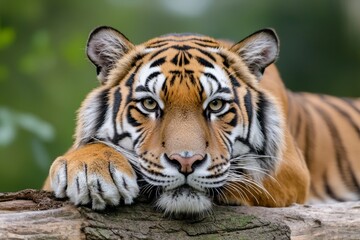 Close-up of a tiger relaxing in its zoo habitat, natural surroundings, stock photo style