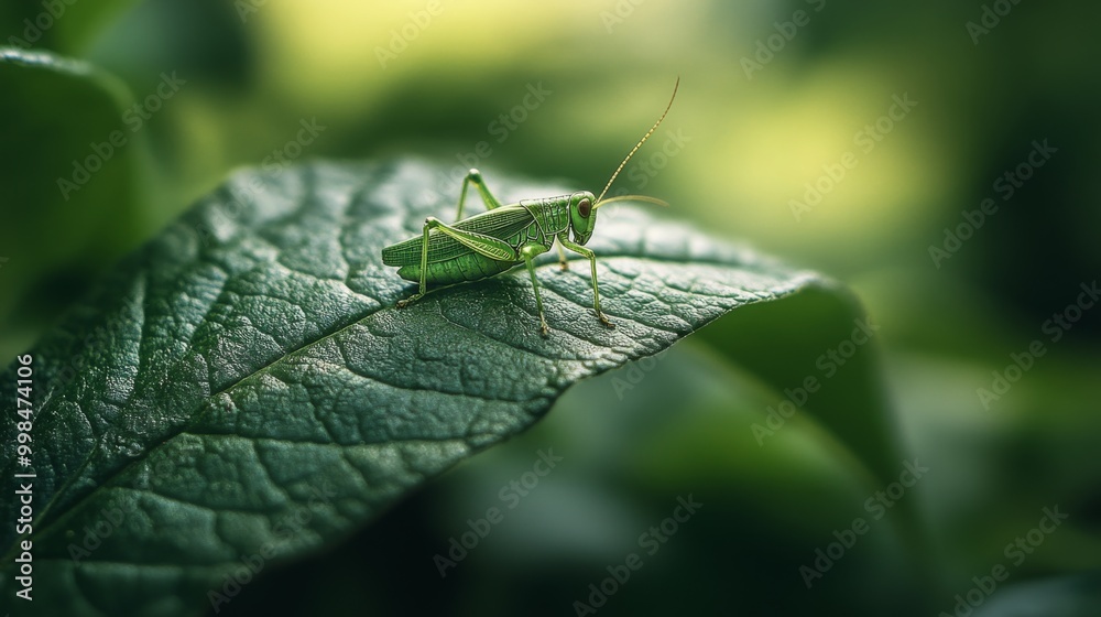 Poster a tiny grasshopper resting on a leaf in a dense forest, the textures of the leaf veins and the insec