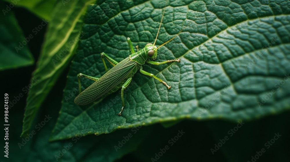 Aufkleber a tiny grasshopper resting on a leaf in a dense forest, the textures of the leaf veins and the insec