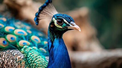 Close-up of a colorful peacock spreading its feathers, vibrant scene, stock photo style © Paniti