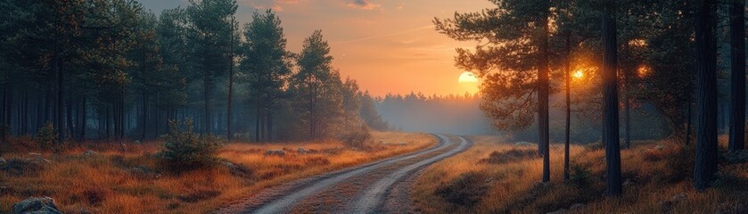 A tranquil forest pathway at sunset, surrounded by lush trees and golden grasses, perfect for showcasing nature's beauty in travel blogs, environmental campaigns, or relaxation-themed projects,