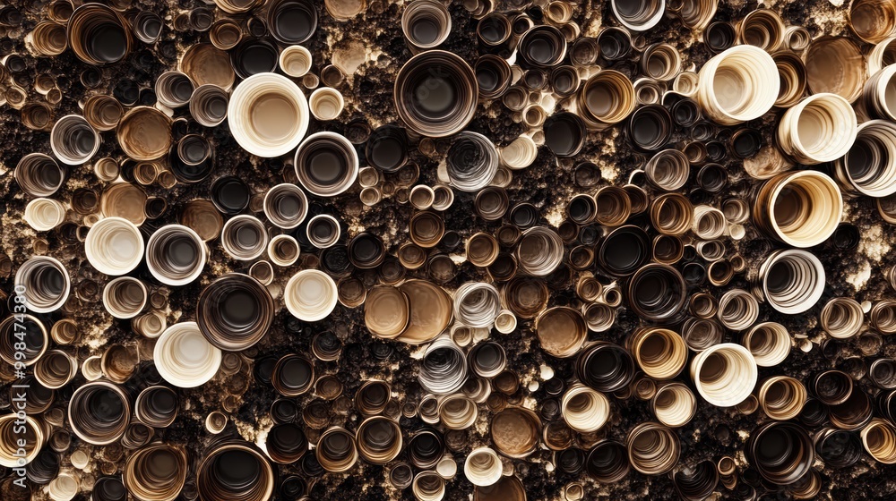 Leinwandbilder overlapping coffee cup rings in shades of brown form a dynamic abstract pattern, creating a visually