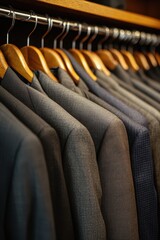 Obraz premium A close-up view of neatly arranged suits hanging on wooden hangers, showcasing diverse textures and shades perfect for illustrating fashion retail, tailoring services, or business attire marketing,