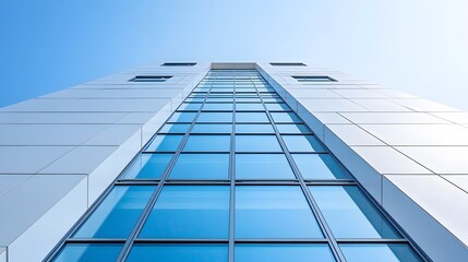 Obraz premium Modern white building facade with large windows and geometric patterns, showcasing minimalist design and contemporary architecture in an urban residential exterior.