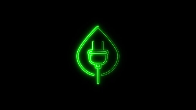 Neon Environmental electric plug with leaf. Eco electric energy symbol.