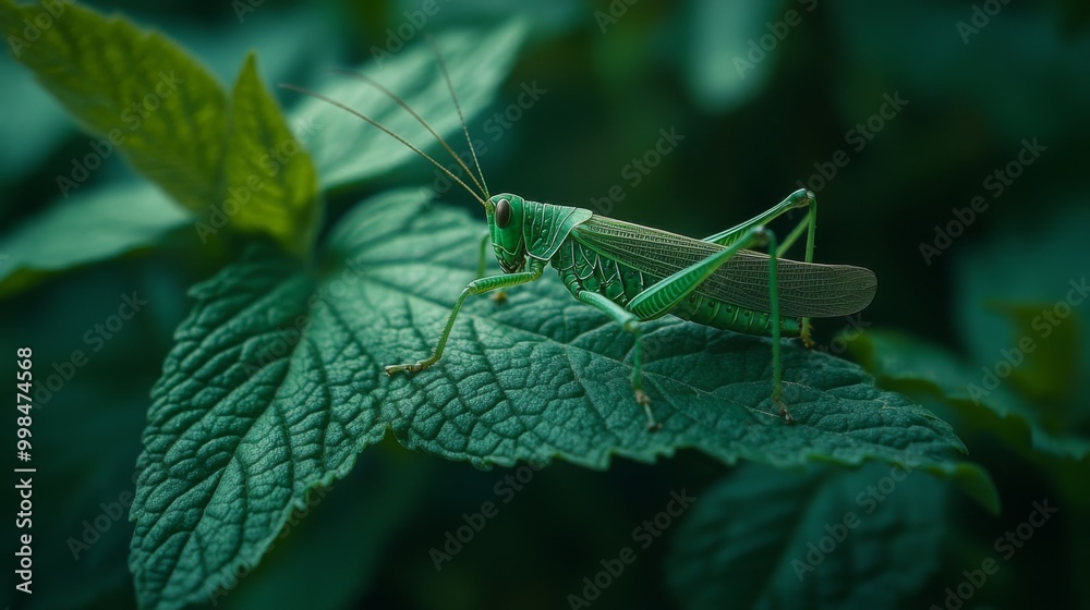 Poster A tiny grasshopper resting on a leaf in a dense forest, the textures of the leaf veins and the insect body blending into the natural green surroundings.