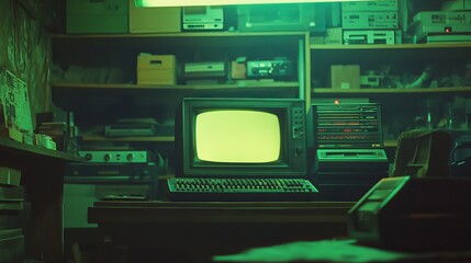 Various electronic equipment, including laptops, monitors, and old computers, surrounds the cluttered vintage electronics workshop.