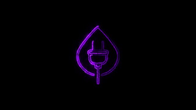 Neon Environmental electric plug with leaf. Eco electric energy symbol.