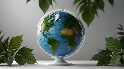 World environment day 2023 3d concept background. Ecology concept. Design with globe map drawing and leaves isolated on white background. Generative AI