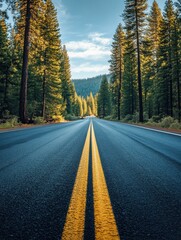 A scenic road lined with tall trees under a clear blue sky, inviting viewers into nature, Ideal for travel blogs, outdoor promotions, and landscape artwork,