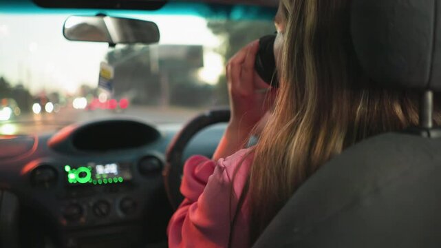 Woman driving with one hand on the steering wheel while drinking coffee with the other, the blurred background shows a road ahead with cars and traffic lights in the distance during evening time