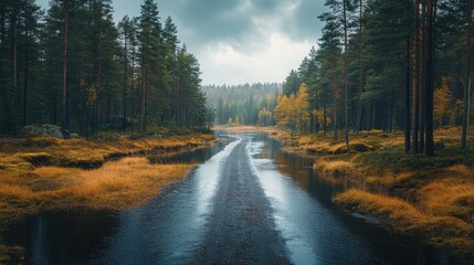 Obraz premium A serene landscape featuring a winding river surrounded by lush trees and golden grasses under a cloudy sky, ideal for nature-related projects, outdoor activities, or tranquil themes,