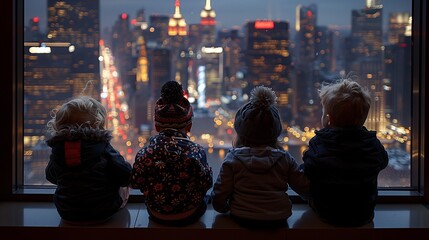 Four Children Gazing at a Vibrant City Skyline Illuminated at Dusk