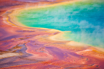 Steam rising from the colorful grand prismatic spring in yellowstone national park