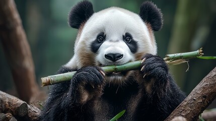 Obraz premium Close-up of a panda eating bamboo, cute and relaxed expression, stock photo style
