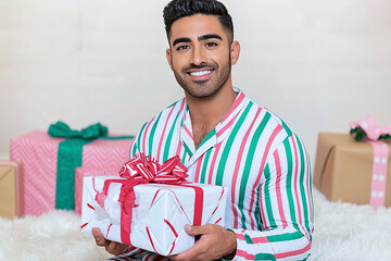 Middle Eastern man in candy cane striped pajamas wrapping gifts on plush white rug