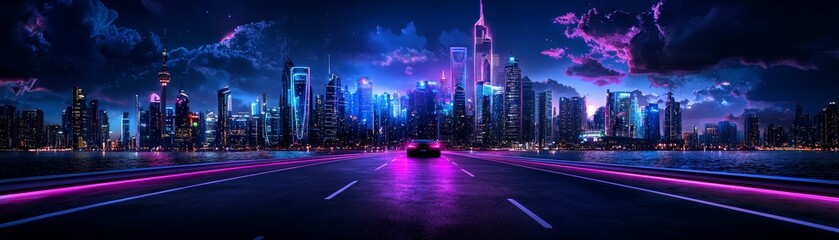 A futuristic city bridge glowing with neon lights, leading toward a 2025 skyline, watercolor sky, [urban journey], [city connection]