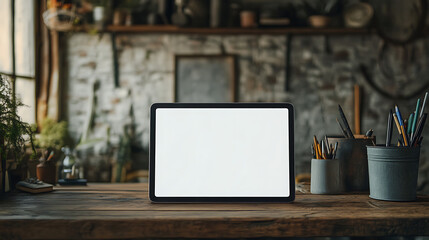 Digital tablet with a blank screen on a wooden desk in a cozy home office with creative decor and work materials.