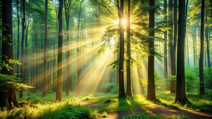 Obraz premium Soothing background of a tranquil forest scene with sunlight filtering through the trees, nature, trees, forest, sunlight