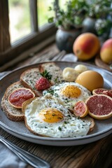 A beautifully arranged breakfast plate features perfectly cooked eggs, whole grain toast, and fresh fruits, ideal for food blogs, cookbooks, or restaurant menus to showcase healthy eating,