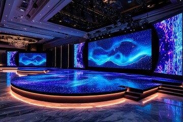 A futuristic corporate presentation stage with large digital screens and glowing lights, watercolor ambiance, [business stage], [innovative event]