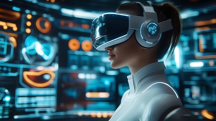 Person wearing a VR headset in a bright futuristic environment with high-tech displays, representing immersive technology and advanced computing concepts.