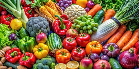 Vibrant and fresh fruits and vegetables on a background, colorful, bright, healthy, organic, produce, juicy, market