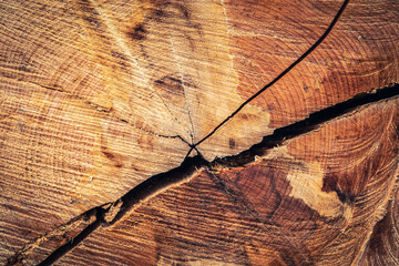 Large crack is forming in a log showing growth rings