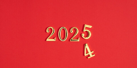 Golden numbers 2024 changes to 2025 on red background. Business process, team, teamwork, goal, task, solution, strategy, plan, action, motivation, change, New Year start concepts.