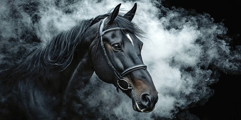 A black horse with a white nose is standing in front of a cloud of smoke