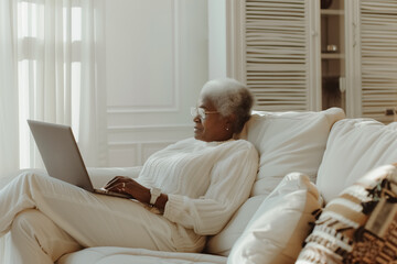 Elderly black woman watching movies online, browsing in laptop or taking online classes.