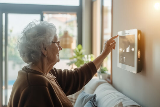 An elderly woman sets up a smart home system on a tablet.