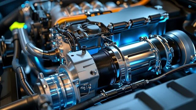 Glowing blue electric car engine showcases futuristic technology in close up view, blending design with sustainable energy solutions. Glimpse the future with state of the art vehicle tech