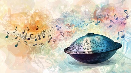 Handpan in Minimalist Vector Art with Musical Notes