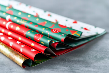 stack of festive christmas wrapping papers in red, green, and gold with holiday motifs