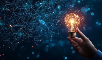 Businessman holds innovation icons in his hand. Concept of business creativity and solutions.