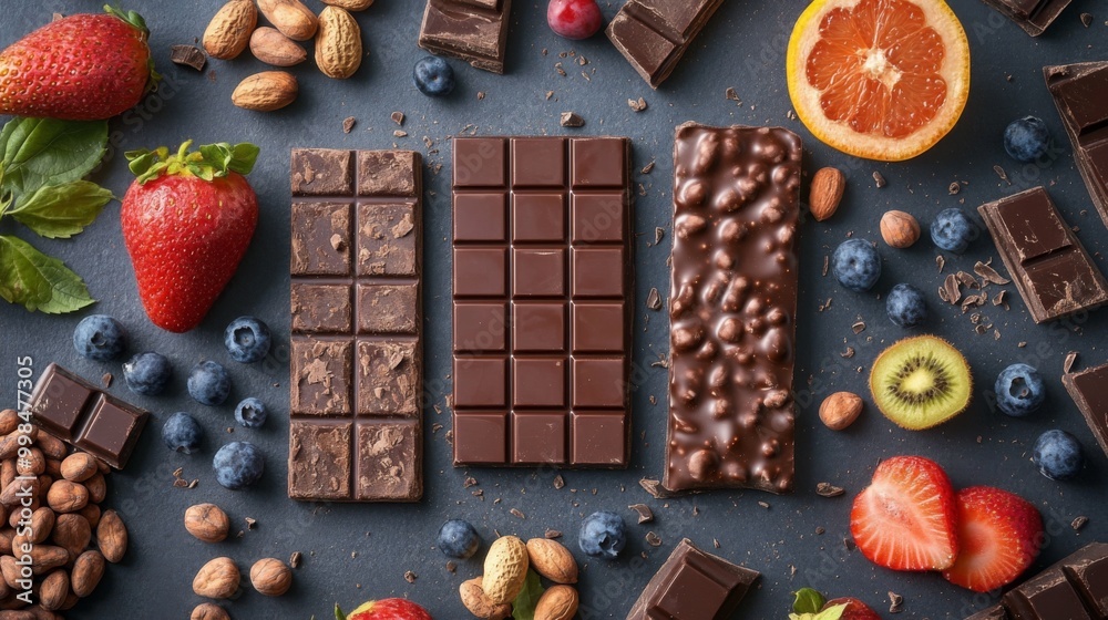 Poster a vibrant flat lay of assorted chocolate bars and cocoa beans, surrounded by fresh fruits and nuts, 