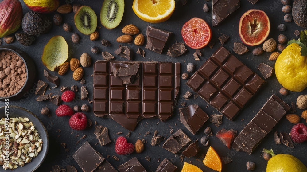 Poster a vibrant flat lay of assorted chocolate bars and cocoa beans, surrounded by fresh fruits and nuts, 