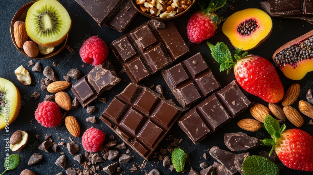 Poster a vibrant flat lay of assorted chocolate bars and cocoa beans, surrounded by fresh fruits and nuts, 