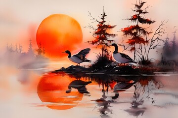 A peaceful watercolor sunrise on January 1st, 2025, symbolizing fresh starts and new hopes, [new beginnings], [tranquil new year]
