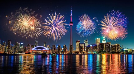 Fototapeta premium Fireworks over a city skyline at night, vibrant colors and reflections.