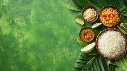 Onam food with sadhya rice on green background. Traditional food onasadya. Happy Onam, harvest festival. Indian religious concept. Template with copy space for banner, poster, greeting card