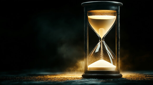 Illuminated hourglass with flowing sand against dark dramatic background