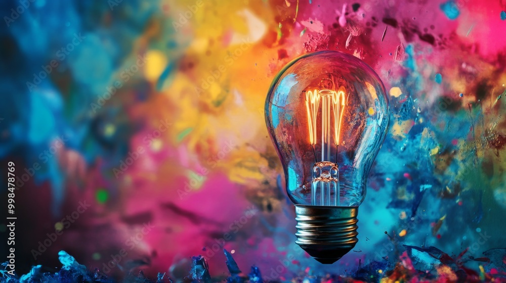 Poster a vibrant image of a light bulb surrounded by colorful paint splashes, symbolizing creativity and in