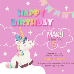 Cute unicorn birthday party invitation card. Vector