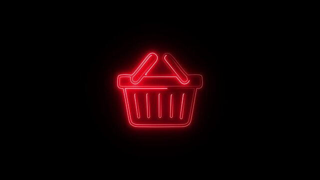 Simple design glowing neon shopping basket icon on background. 