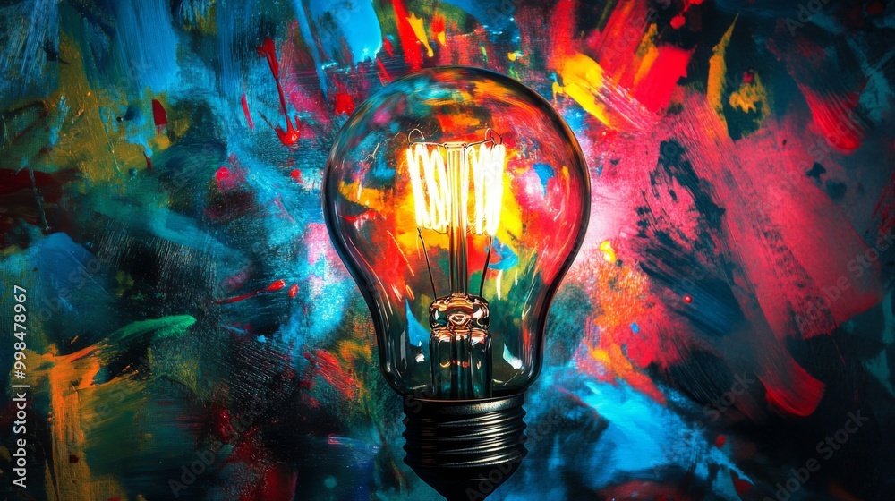 Poster a vibrant image of a light bulb surrounded by colorful paint splashes, symbolizing creativity and in